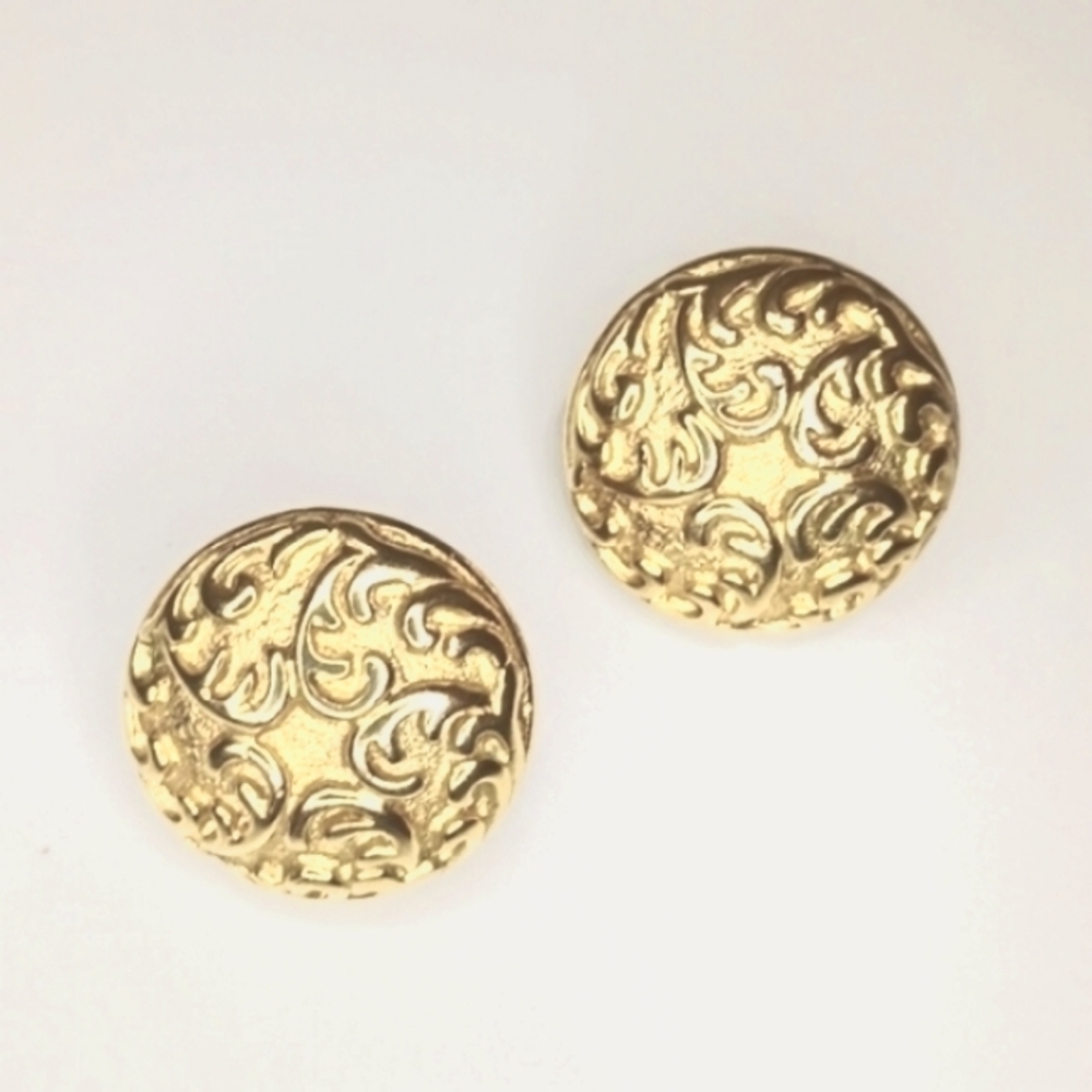90s Monet Gold Tone Career Scroll Embossed 1" Round Post Earrings